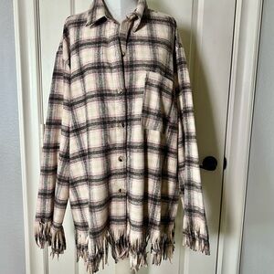 Plaid Fringe Flannel Button-Up Shacket Shirt Rustic Cabincore
